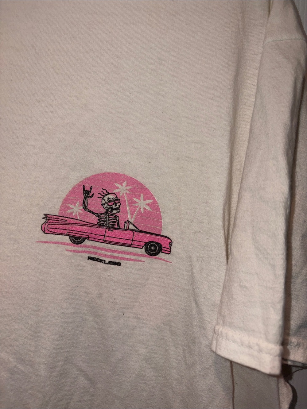White Short Sleeve Tee with Pink Convertible Skeleton Graphic